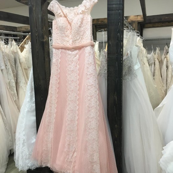 BLUSH Champagne Lace Rustic Wedding Dress, Cap Sleeve, Boat Neck Elegant Mother - Picture 10 of 15